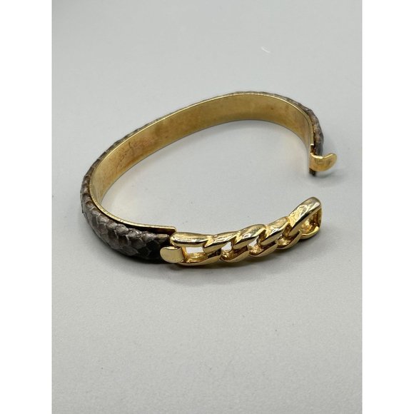 Vintage Gray Snakeskin Bracelet 1980s 1990s Gold Tone Chain Hinged Bracelet - Picture 7 of 7